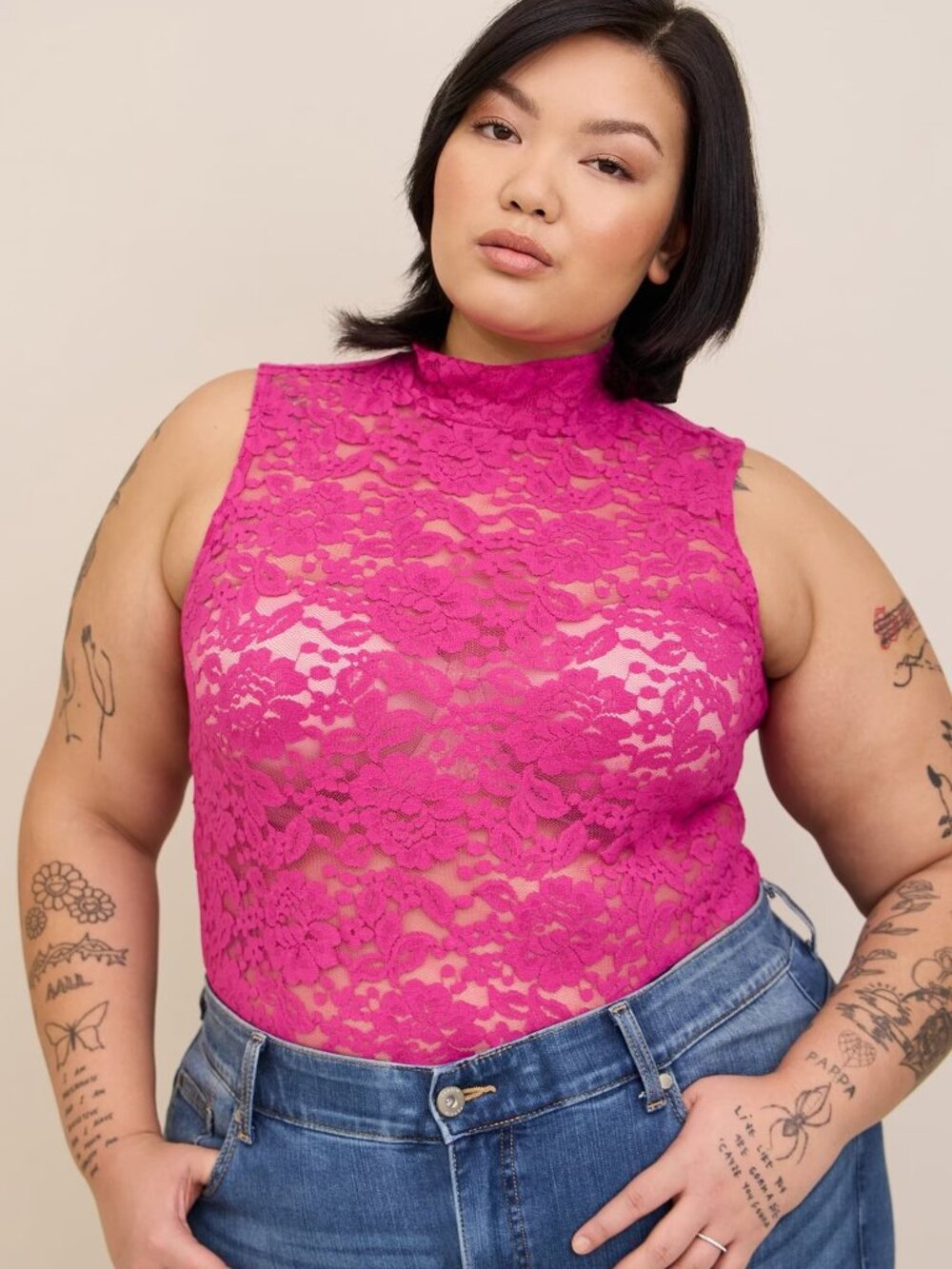 Torrid Sheer Lace Mock Neck Sleeveless Top – Fuchsia (Size 1)